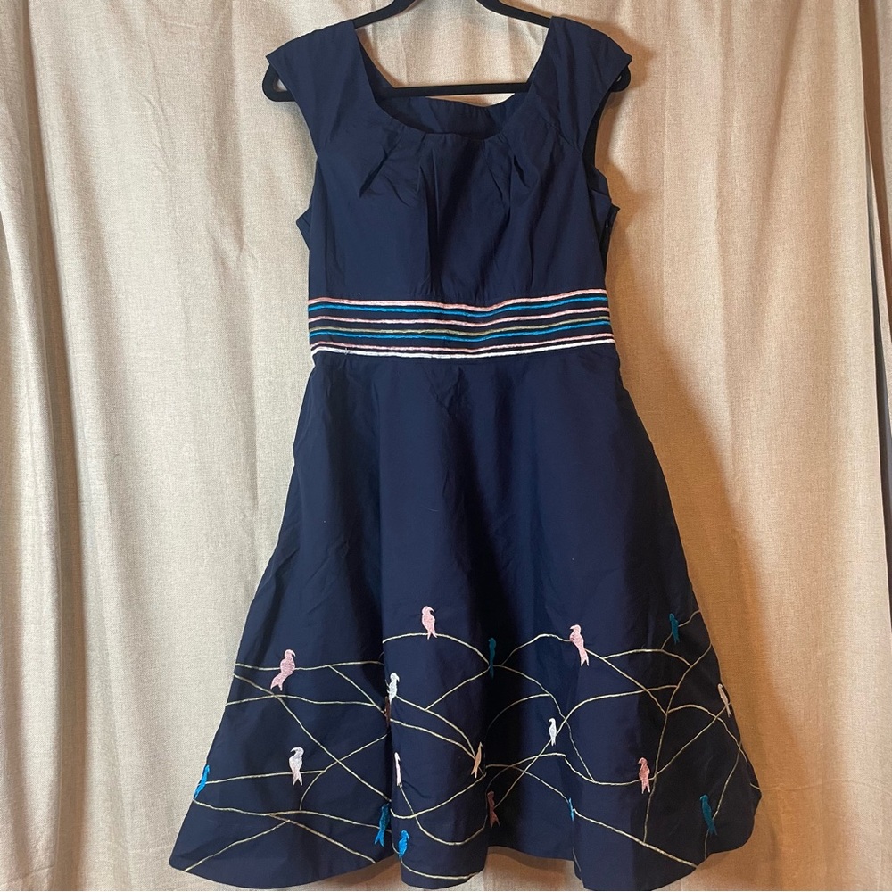 eShakti Navy Blue Dress with Embroidered Birds
